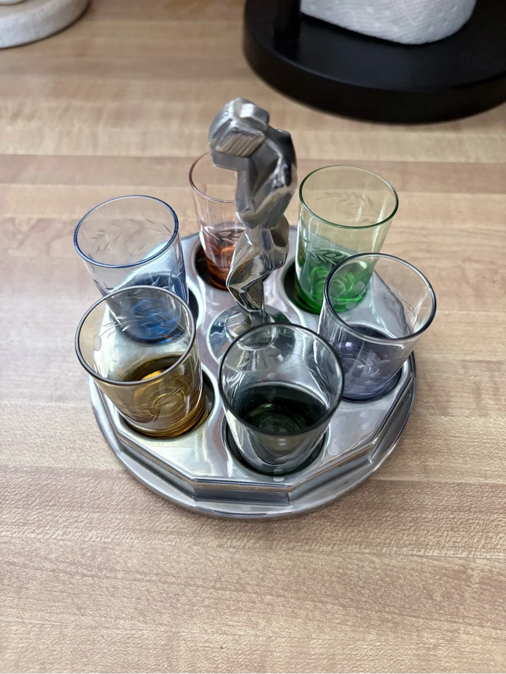 Farberware “Weeping Lady”  1930s Shot Glass Caddy With 6 Glasses